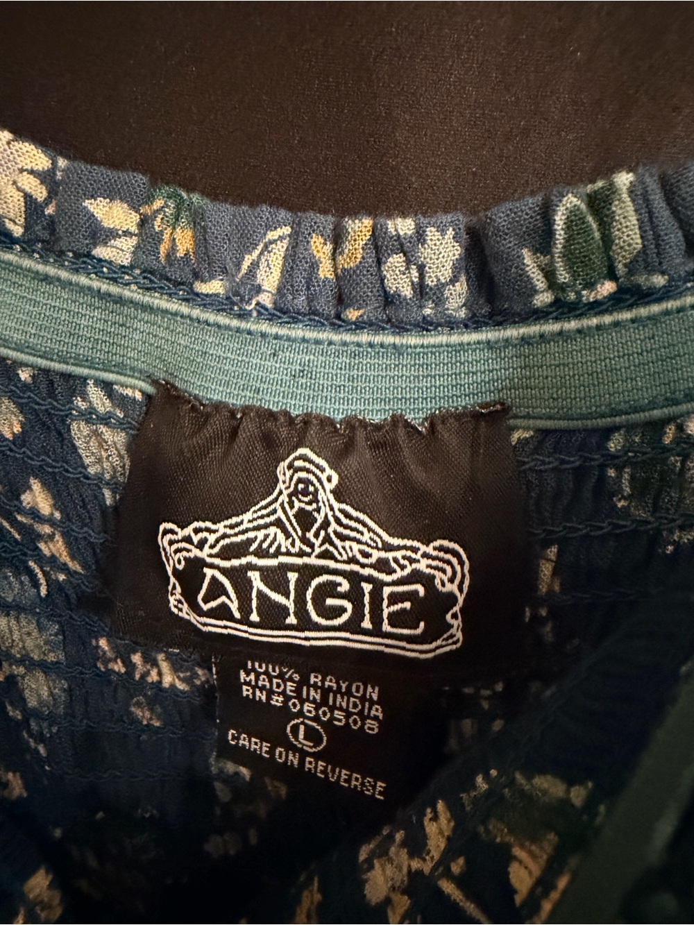 Angie Navy Floral Smocked Boho Maxi Dress Ruffle Hem Size L - Picture 3 of 4